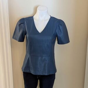 Ann Taylor blue faux leather peplum top size XS